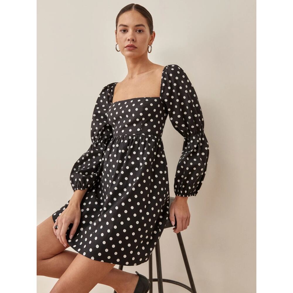 Reformation Michaela Bettie Black Polka Dot Puff Sleeve Babydoll Mini Dress NWT
